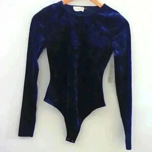 RETROD | Women's  Navy Blue Velvet Thong Long Sleeve Bodysuit